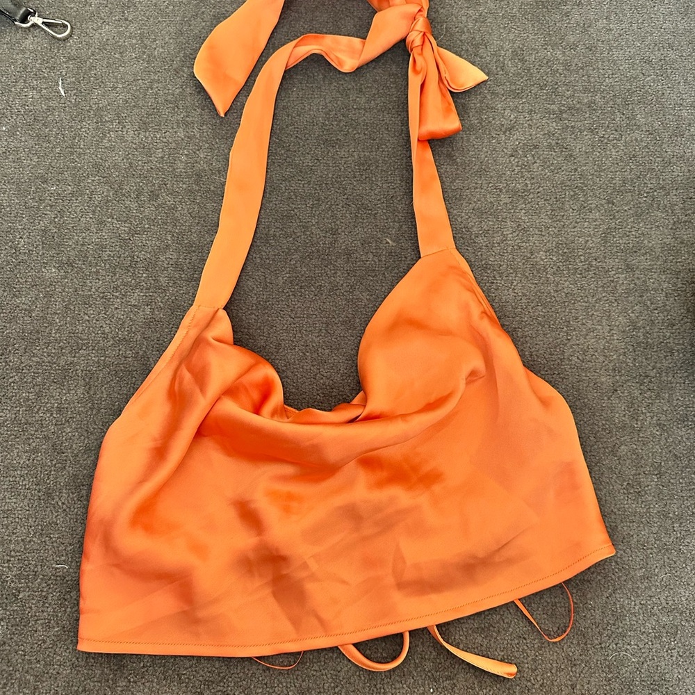 Orange Cowlneck Open Back Satin Top
